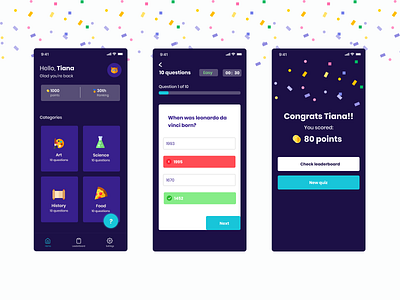 Quiz app dark game home screen mobile quiz quiz app results ui design