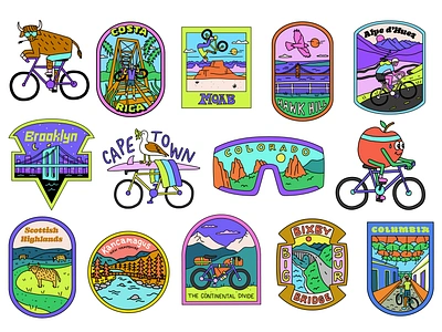 Cycling Stickers for HustleCo alpe dhuez big sur bike branding brooklyn colorado cycle cycling illustration landscape moab mountains nature outdoors san francisco sports stickers