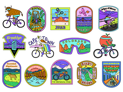 Cycling Stickers for HustleCo alpe dhuez big sur bike branding brooklyn colorado cycle cycling illustration landscape moab mountains nature outdoors san francisco sports stickers