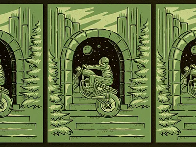 Stairway to Nowhere illustration motorcycle nature planet stairs stairway stars texture trees