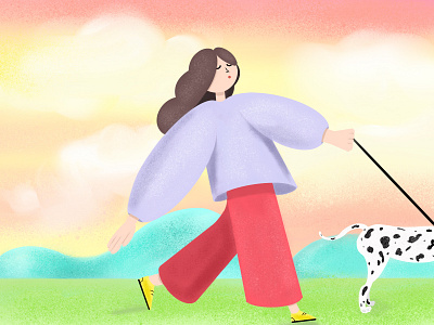 when you take your dog for a walk art artist artwork character dalmatian design dog drawing girl graphic illustration illustrator sky sunset walk