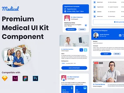 Medical UI Kit Collection ambulance app clinic dashboard doctor doctor dashboard doctor ui kit figma health hospital hospital dashboard medical medical dashboard medical ui kit patient psd sketch ui kit uiux xd
