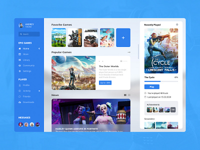 Concept Epic Games | Home #8 activity app application concept design desktop epic games fluent games home launcher minimalism news player start themes ui ux white windows