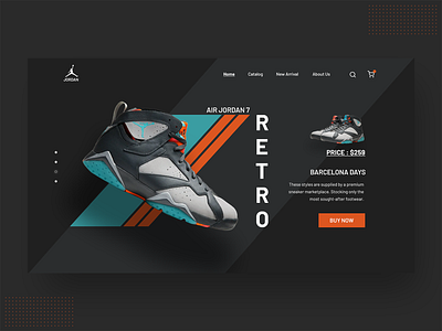 AIR Jordan 7 Retro Shoe Thumbnail colour dark theme dark ui ecommerce fashion jordan landing page minimal minimalist retro shoe shoes shopping trendy typography ui uidesign uxdesign webdesign website design