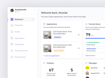 Rental Application platform app apply cards clean dash dashboard design email house interface management messages minimal page real estate realestate score ui ux web