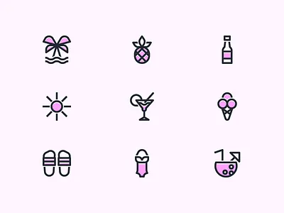 Summer Icons beer coconut icecream icon set icons illustration illustrator martini palmtree pineapple summer camp summer icons summer party summer vibes sun sunrise travel