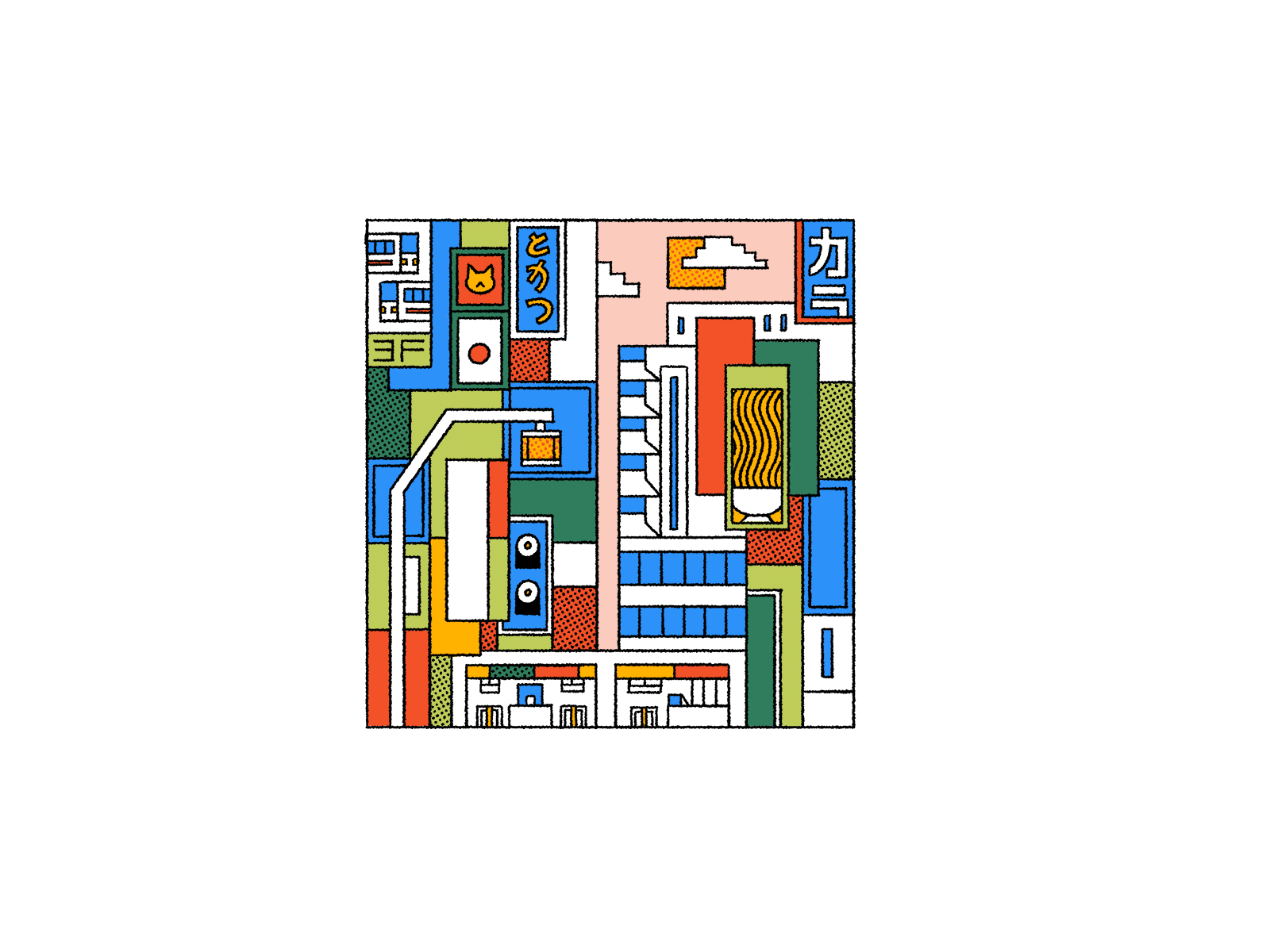 Tokyo City building cat character city flat food icon illustration japan japanese food lamp metro outline pattern ramen sushi