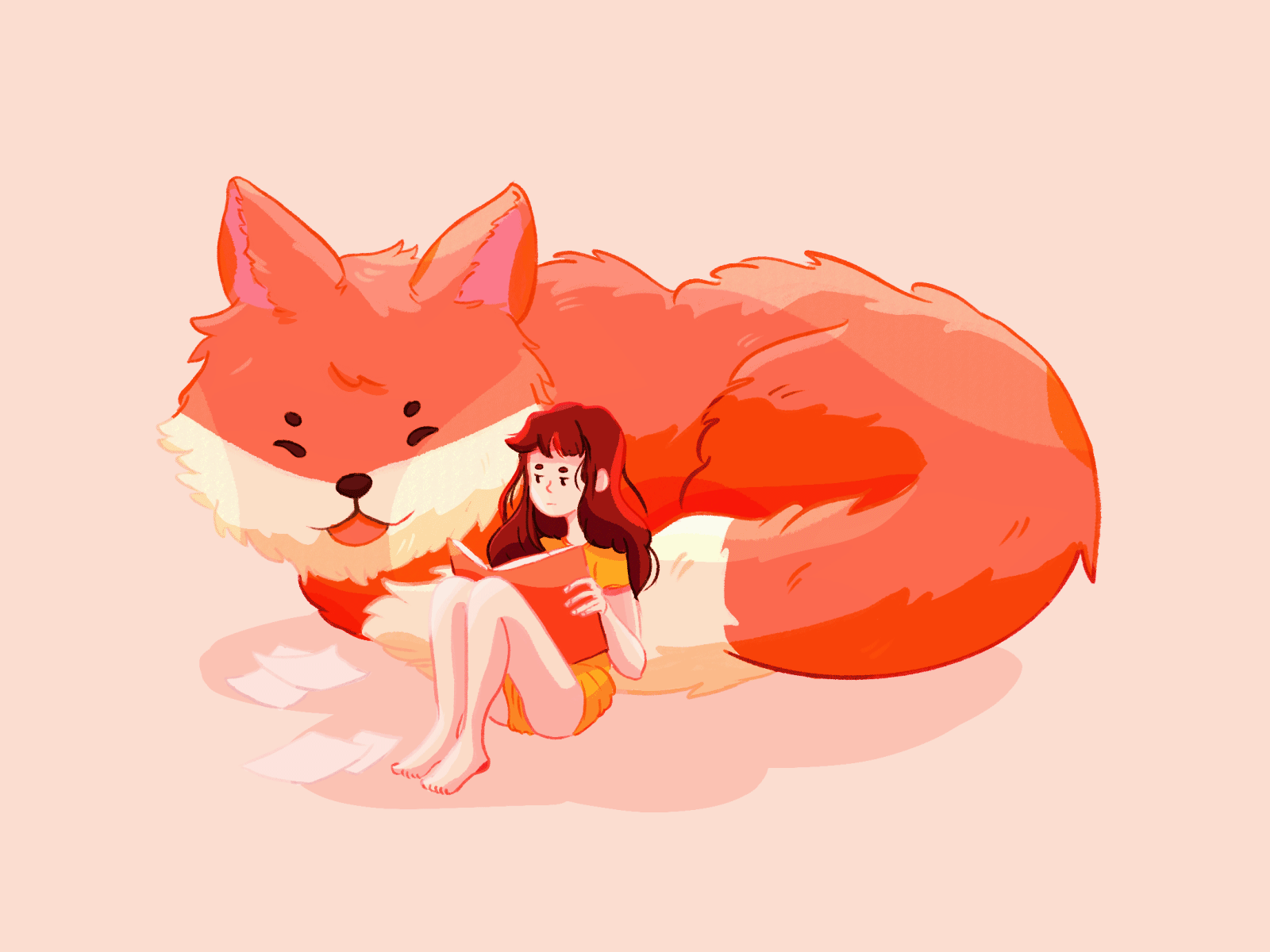 Big fox with working girl animal animal art animated animation art artist artwork color cute digitalart draw fox girl hug illustration procreate revision work