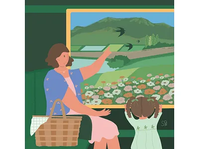 on the train 2 adobe illustrator digital illustration flat design flat illustration flatdesign flower illustration motheranddaughter onthetrain picnic swallows vector design