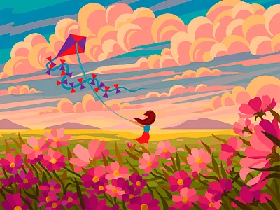 Girl and flower field beresnevgames clouds coloring coloringbook decorative illustration evening flat illustration flowers gallerythegame gameillustration illustration kite landscape nature nature illustration pink sky vector vector artwork vector illustration wind