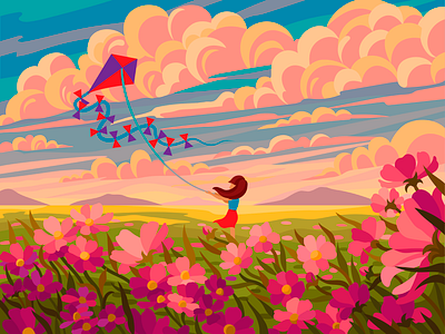 Girl and flower field beresnevgames clouds coloring coloringbook decorative illustration evening flat illustration flowers gallerythegame gameillustration illustration kite landscape nature nature illustration pink sky vector vector artwork vector illustration wind