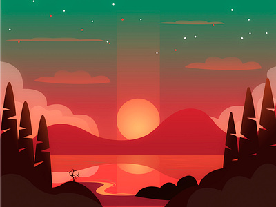 multi sky artwork cloud green green sky stars greeting hill illustration moonshine night sky sun sunny sunset tree ui