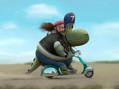 Dino racer and his little companion animation art cartoon characterdesign children children book illustration cute dino dinosaur doodle girl illustration kid race scooter slingshot speed vespa