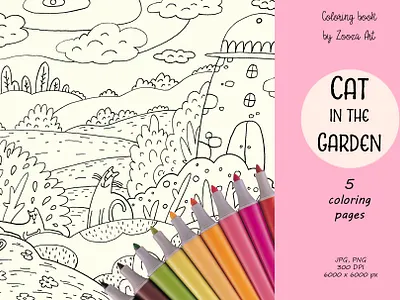 Cat in the garden - coloring book animal art cat cats clipart coloring page coloringbook illustration illustrations prints stickers zooza
