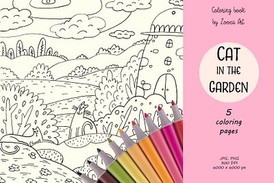 Cat in the garden - coloring book animal art cat cats clipart coloring page coloringbook illustration illustrations prints stickers zooza