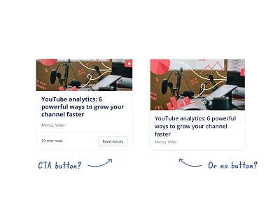 To CTA button or not on an article card? article card blog design read article