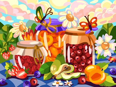 Marmalade jars art artist artwork cartoon cartoon illustration coloringbook design draw drawing flat flower illustration marmalade peach pear strawberry