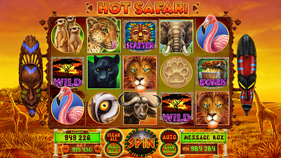 Hot Safari UI artforsale bonus buffalo design elephant flamingo gambling gambling design game game art game design illustration illustrations lion savannah scatter slot machine ui ui design wild