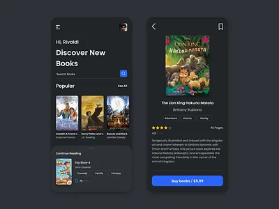 Reading App (Dark) book books branding clean clean ui design illustration illustrator logo mobile mobile app mobile app design mobile design mobile ui reading app reading book ui ux vector