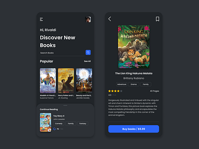 Reading App (Dark) book books branding clean clean ui design illustration illustrator logo mobile mobile app mobile app design mobile design mobile ui reading app reading book ui ux vector