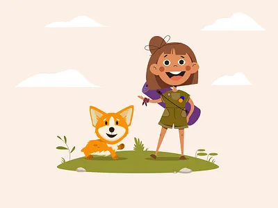girl with corgi character character design child childrens illustration color corgi cute dog dog illustration drawing girl illustration illustration 2d illustrator personage smile vector