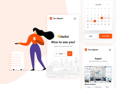 Sun Appart - mobile app design☀️🏖️ 🏠 apartment renting app branding flat holiday card illustration minimal mobile orange logo planning sun product design rental app travel trip uiux ux vacation