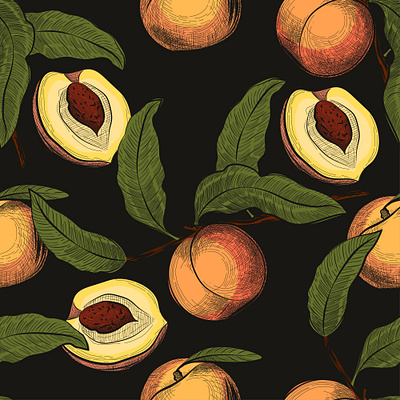 Peach engraved seamless pattern dark background backdrop background engraving fashion fruit hand drawn illustration pattern seamless sketch vector