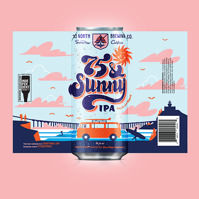 32 North 75 & Sunny beer beer can beer label bright fun illustration label illustration mockup print retro type typography vintage