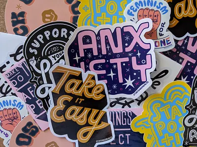 Lettering Stickers anxiety awesome merch custom lettering custom type feminism graphic design hand drawn type hand lettering illustration lettering mental health awareness stay positive sticker design stickers take it easy typographic sticker typography women in illustration