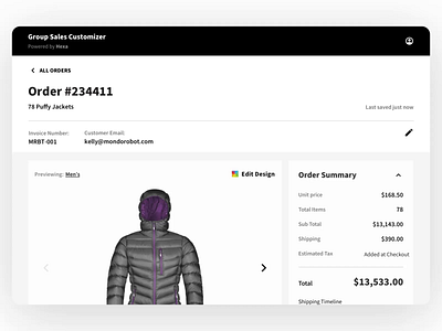 Smart, simple order management apparel customizable design ecommerce jacket layout motion product design scroll ui ux