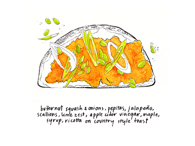 Toast Calendar // Butternut Squash Toast brushpen calendar food food illustration food menu hand drawn handwriting illustration lineart toast traditional art watercolor