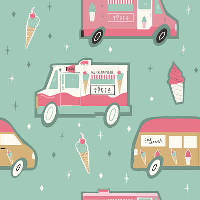 Ice Cream Truck Seamless Repeat Pattern ai cute ice cream truck icecream illustration pattern pink repeat seamless summer teal vector