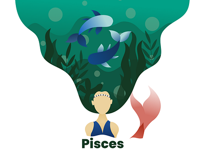 Pisces Zodiac Sign art blue character cute design fish flat flatdesign goddes gradient illustration pisces sea sea green women zodiac