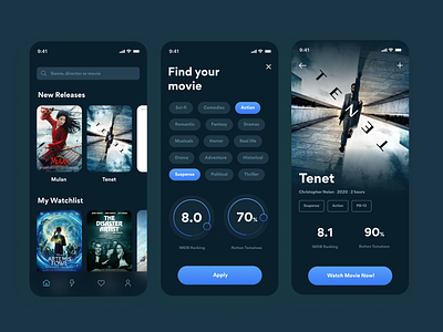 Watchlist app blue cinema dark ui movie app movies movies app product design sky blue tenet ui ux watchlist