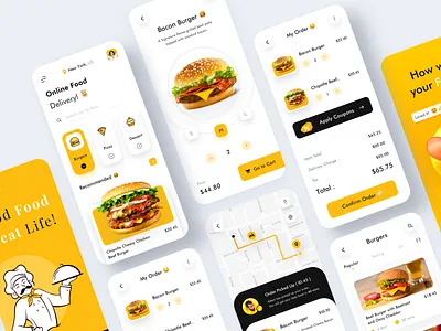 Foodie - Online Food Delivery App add to cart app bag burger cart cart page dashboad delivery app drinks event food illustration login logo pizza shipping shopping splash web website