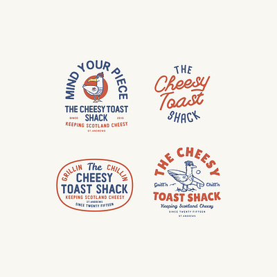 Cheesy Toast Beach Shack Logo Set badge beach branding cafe cheese food illustration logo seagull surf typographic logo typography