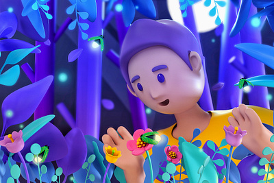 Summer night 3d art cinema4d design firefly flower illustration octanerender summer summertime