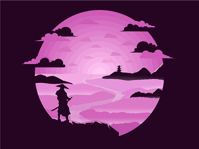 landscape - pink cloud flat forest illustration minimal mountains pink river samurai web