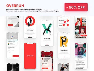 OVERRUN - Fitness app UI Kit app design booking app clean ui finance fitness fitness app health health app healthcare illustration mobile app retreat template templates theme themes ui design ui kit ui ux user interface