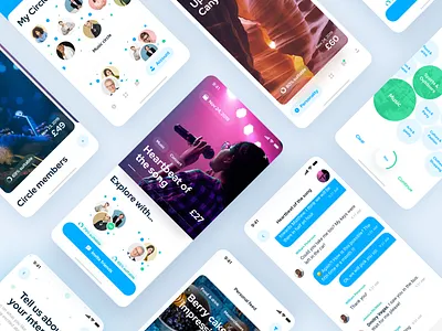 Circles IOS app. Enjoy events with circles of friends app blue booking colors design event events app icon icons interaction invite ios14 iphone x menubar screen social social network typography ui ux