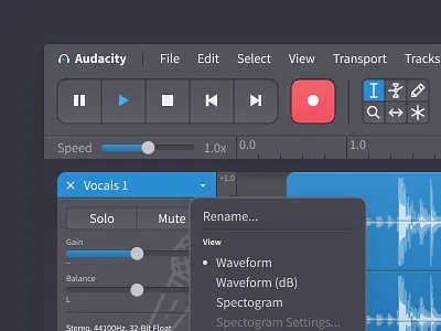 Audacity Redesign - Dark Theme Detail audacity audio audio editor figma opensource redesign ui design