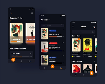 Online Book Application Concept book bookstore concept dark darkmode ebook elibrary homescreen library mobile mobile app mobile ui mobile ui design reading reading app reading book store timeline ui design uiux