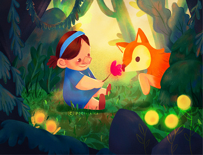 Magic forest animals book illustration children illustration digital illustration fox girl magic forest magic fox nature