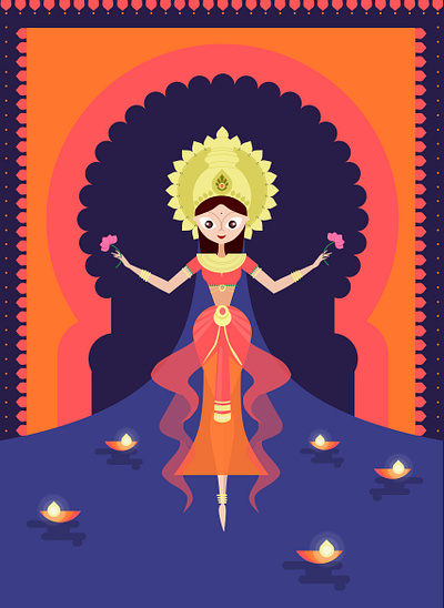 Flat Colorful Diwali Laxmi Goddess colorful dhanteras diwali flat flat design flat illustration goddess gods indiangods laxmi laxmigoddess orange