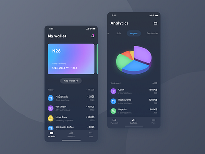 Wallet chart colors concept design dark dark theme design expenses finance ios iphone mobile money pie chart ui ui ux wallet