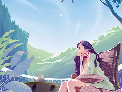 Life begins after coffee balcony break cafe coffee coffeeshop happiness illustration mountains relax scenery vector vector art