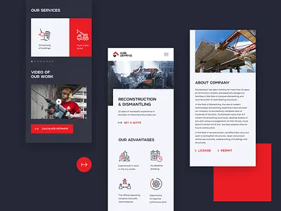 Mobile screen / KyivDemBud construction demolition design dismantling layout design mobile design mobile ui page layout reconstruction red typography ui ux unfold web design