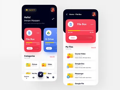 File Manager - Cloud Storage App app app design branding card cloud storage dark app dark ui dropbox figma file explorer file manager file sharing freebie google drive minimal popular red ui uiux user experience
