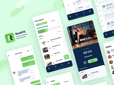 RockFit app for sportspeople app branding calendar design fitness flat graphic design green interface logo manage sport trainer ui ux