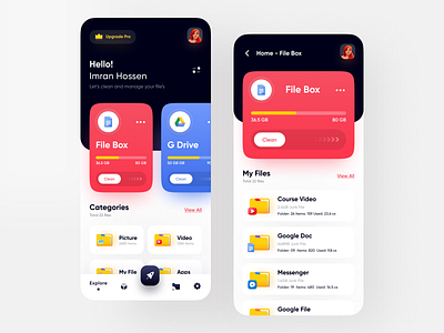 File Manager - Cloud Storage App app app design branding card cloud storage dark app dark ui dropbox figma file explorer file manager file sharing freebie google drive minimal popular red ui uiux user experience